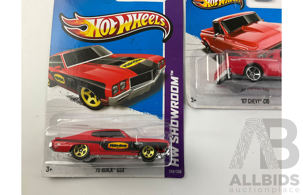 Ten Boxed Diecast Hot Wheels HW Showroom Vehicles Including 1970 Buick SS, 1967 Chevy C10, Phaeton