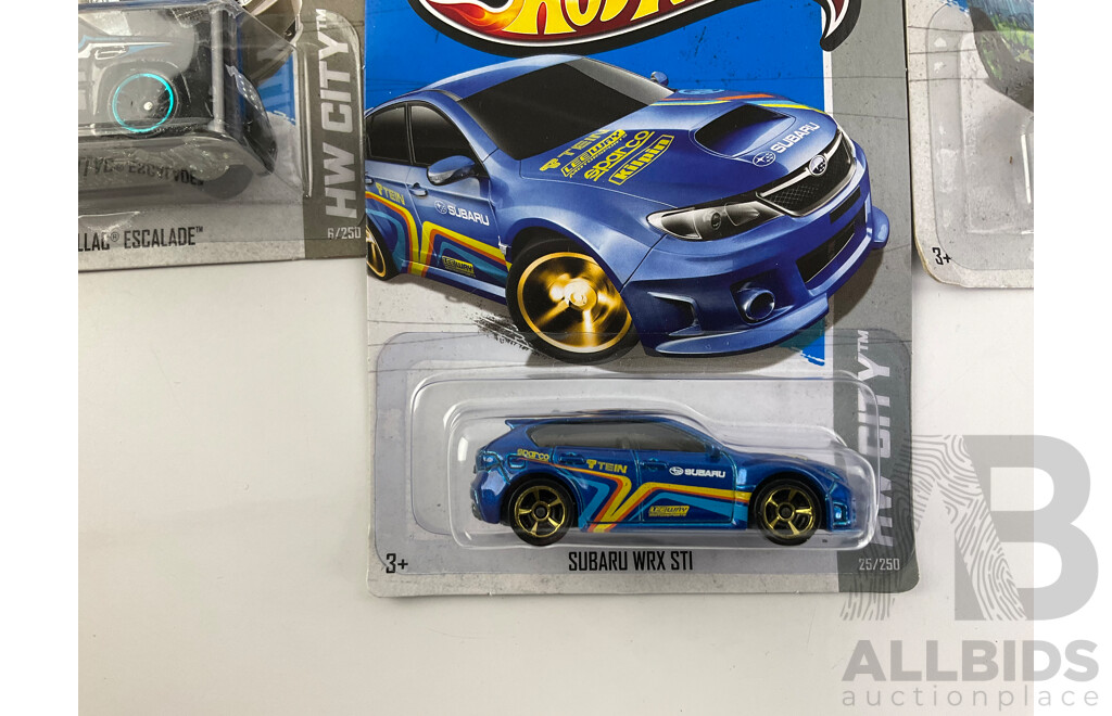 Ten Boxed Diecast Hot Wheels HW City Vehicles Including Subaru WRX STI, Rockster, BMW M3