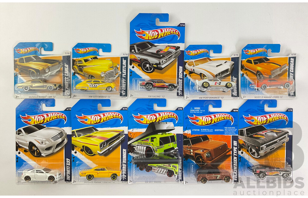 Ten Boxed Diecast Hot Wheels Vehicles Including 1970 Monte Carlo, 1970 Road Runner, Oldsmobile 442