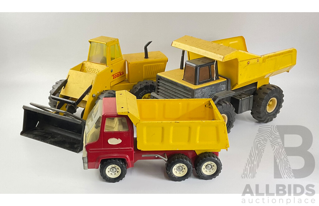 Three Pressed Steel Tonka Trucks and Tractor