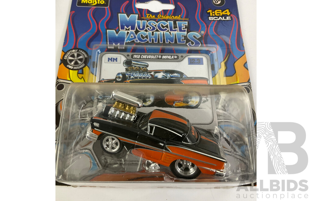 Five Boxed Diecast Maisto Muscle Machines Including 1969 Dodge Charger R/T, 1958 Chen Impala, 1959 Chev El Camino, 1933 Ford, 1970 Plymouth Cuda - 1:64 Scale