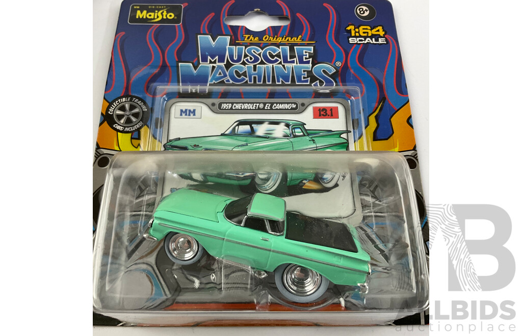 Five Boxed Diecast Maisto Muscle Machines Including 1969 Dodge Charger R/T, 1958 Chen Impala, 1959 Chev El Camino, 1933 Ford, 1970 Plymouth Cuda - 1:64 Scale