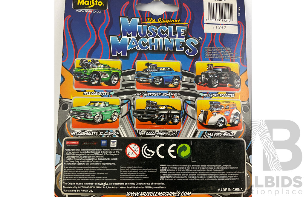 Five Boxed Diecast Maisto Muscle Machines Including 1969 Dodge Charger R/T, 1958 Chen Impala, 1959 Chev El Camino, 1933 Ford, 1970 Plymouth Cuda - 1:64 Scale