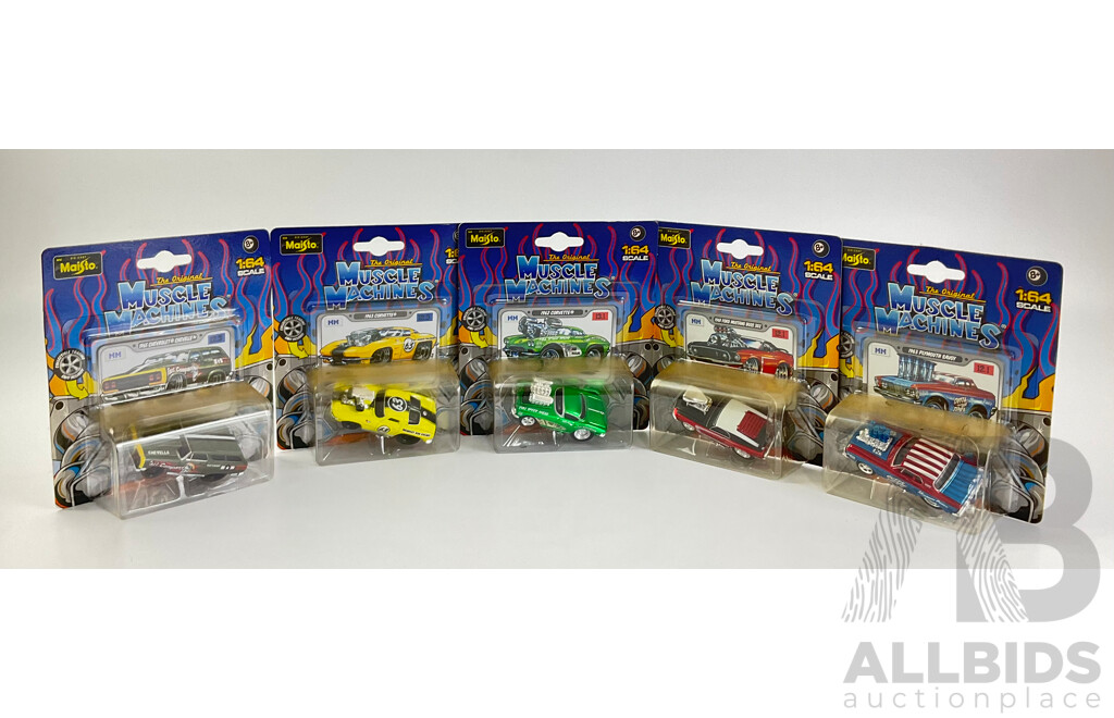 Five Boxed Diecast Maisto Muscle Machines Including 1965 Chev Chevelle, 1963 Corvette, 1962 Corvette, 1969 Mustang, 1963 Plymouth Savoy - 1:64 Scale