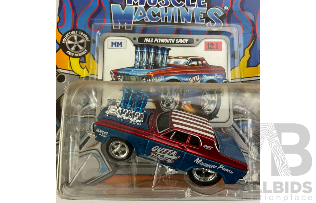 Five Boxed Diecast Maisto Muscle Machines Including 1965 Chev Chevelle, 1963 Corvette, 1962 Corvette, 1969 Mustang, 1963 Plymouth Savoy - 1:64 Scale