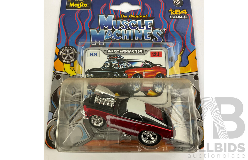 Five Boxed Diecast Maisto Muscle Machines Including 1965 Chev Chevelle, 1963 Corvette, 1962 Corvette, 1969 Mustang, 1963 Plymouth Savoy - 1:64 Scale