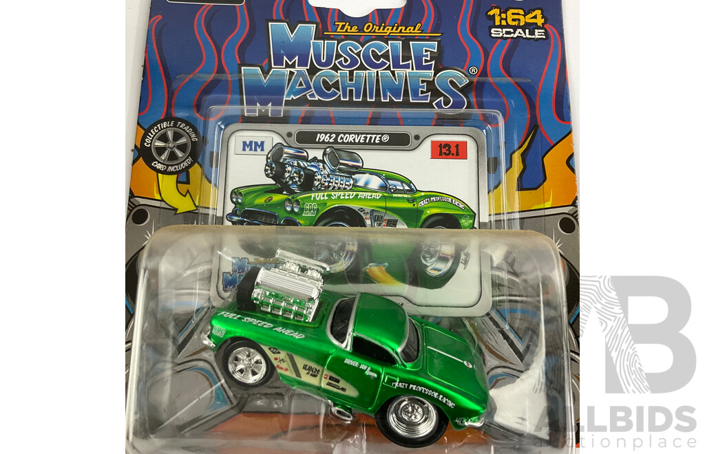 Five Boxed Diecast Maisto Muscle Machines Including 1965 Chev Chevelle, 1963 Corvette, 1962 Corvette, 1969 Mustang, 1963 Plymouth Savoy - 1:64 Scale