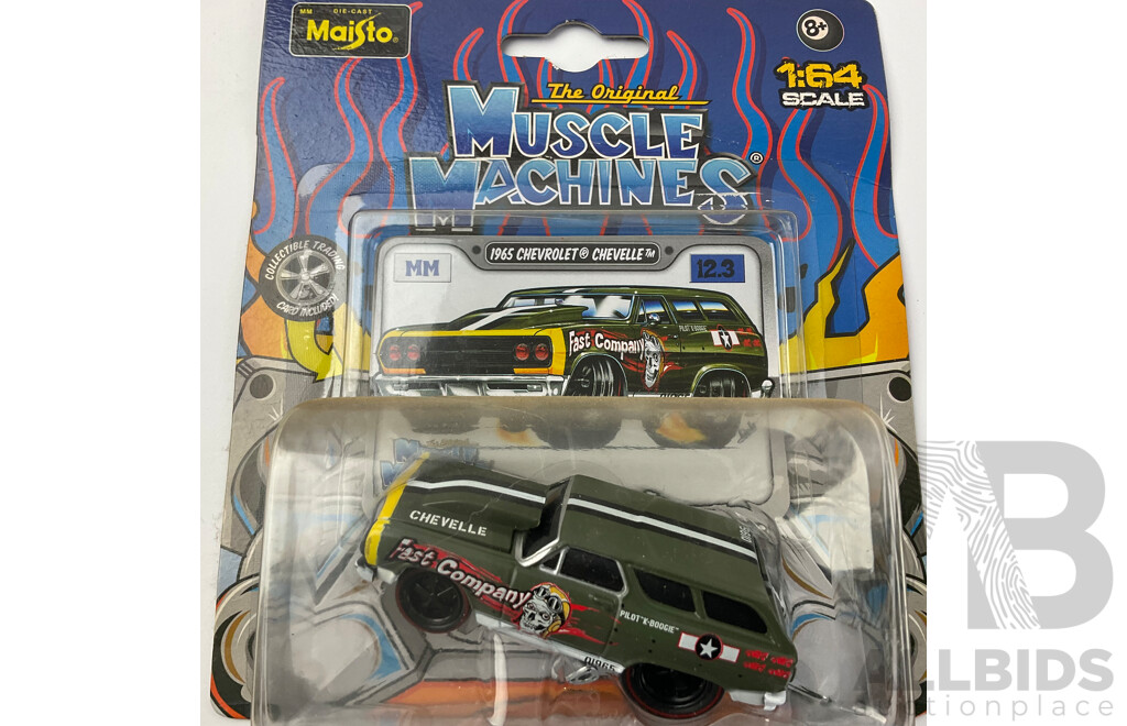 Five Boxed Diecast Maisto Muscle Machines Including 1965 Chev Chevelle, 1963 Corvette, 1962 Corvette, 1969 Mustang, 1963 Plymouth Savoy - 1:64 Scale