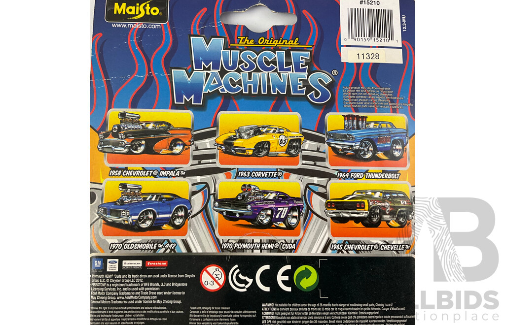 Five Boxed Diecast Maisto Muscle Machines Including 1965 Chev Chevelle, 1963 Corvette, 1962 Corvette, 1969 Mustang, 1963 Plymouth Savoy - 1:64 Scale