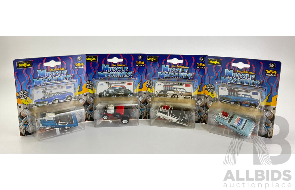 Four Boxed Diecast Maisto Muscle Machines Including 1970 Oldsmobile 442, 1932 Ford Roadster, 1955 Chev Bel Air, 1964 Ford Thunderbolt - 1:64 Scale