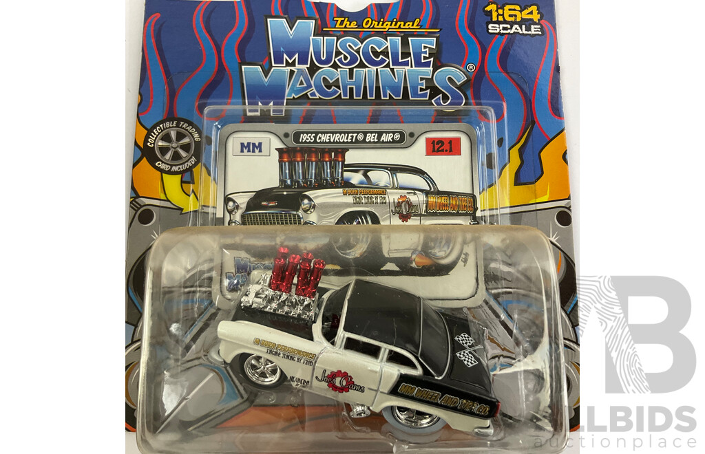 Four Boxed Diecast Maisto Muscle Machines Including 1970 Oldsmobile 442, 1932 Ford Roadster, 1955 Chev Bel Air, 1964 Ford Thunderbolt - 1:64 Scale