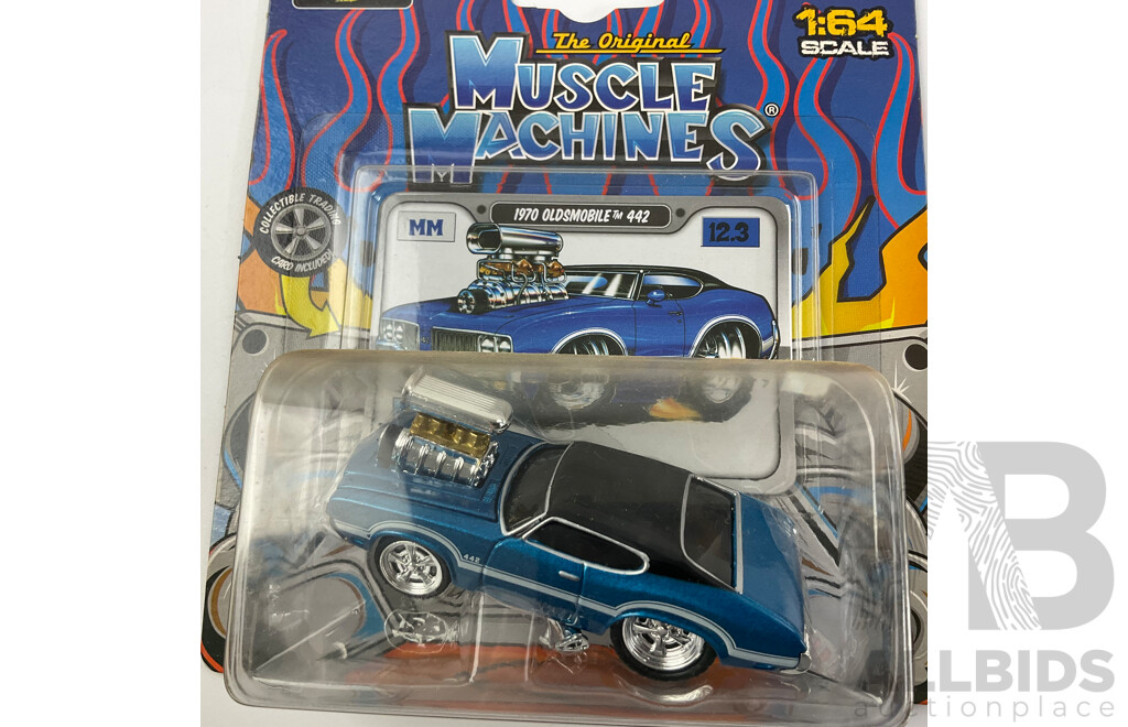 Four Boxed Diecast Maisto Muscle Machines Including 1970 Oldsmobile 442, 1932 Ford Roadster, 1955 Chev Bel Air, 1964 Ford Thunderbolt - 1:64 Scale