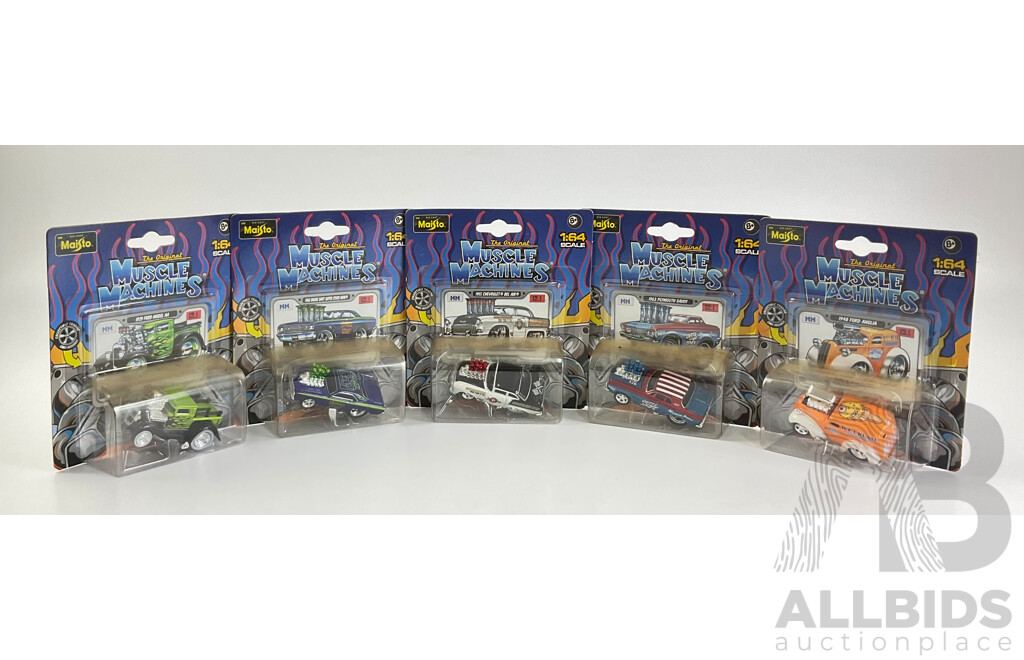 Five Boxed Diecast Maisto Muscle Machines Including 1929 Ford AA, 1968dodge Dart Super Stock Hemi, 1955 Chev Bel Air, 1963 Plymouth Savoy, 1948 Ford Anglia- 1:64 Scale