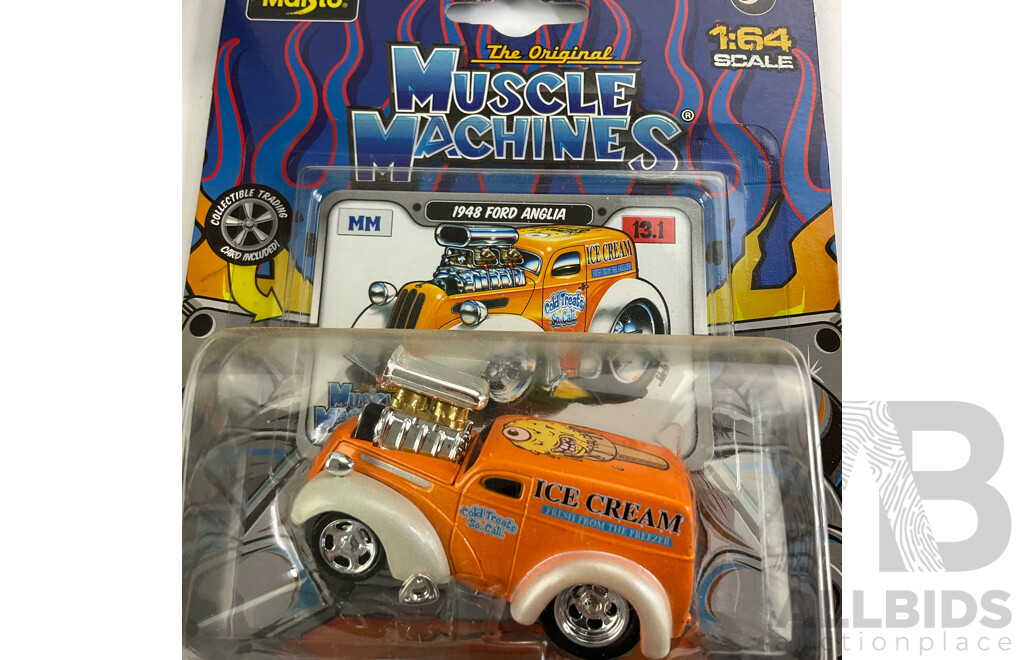 Five Boxed Diecast Maisto Muscle Machines Including 1929 Ford AA, 1968dodge Dart Super Stock Hemi, 1955 Chev Bel Air, 1963 Plymouth Savoy, 1948 Ford Anglia- 1:64 Scale