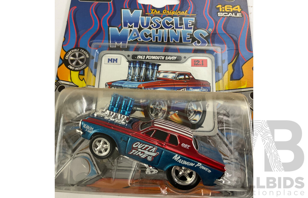 Five Boxed Diecast Maisto Muscle Machines Including 1929 Ford AA, 1968dodge Dart Super Stock Hemi, 1955 Chev Bel Air, 1963 Plymouth Savoy, 1948 Ford Anglia- 1:64 Scale