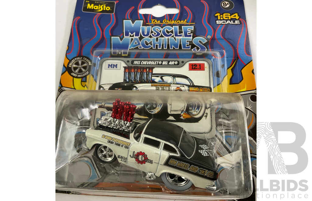 Five Boxed Diecast Maisto Muscle Machines Including 1929 Ford AA, 1968dodge Dart Super Stock Hemi, 1955 Chev Bel Air, 1963 Plymouth Savoy, 1948 Ford Anglia- 1:64 Scale