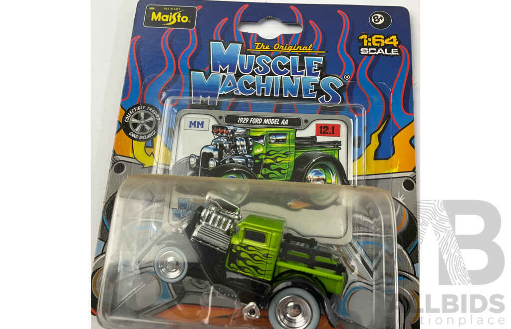 Five Boxed Diecast Maisto Muscle Machines Including 1929 Ford AA, 1968dodge Dart Super Stock Hemi, 1955 Chev Bel Air, 1963 Plymouth Savoy, 1948 Ford Anglia- 1:64 Scale