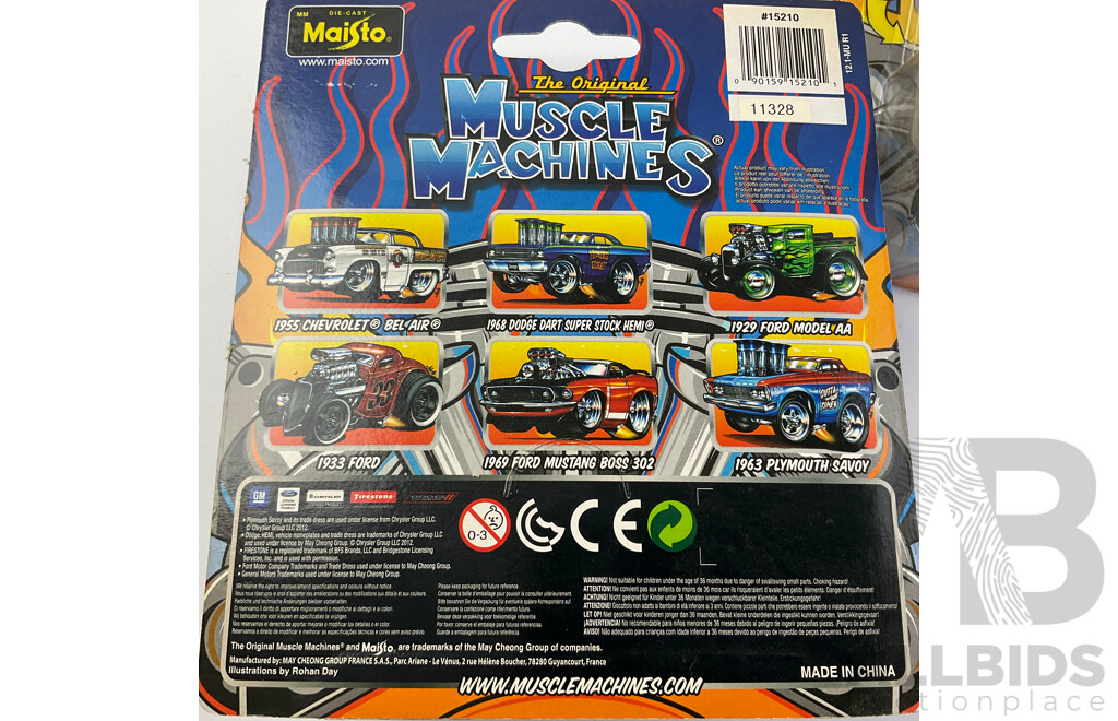 Five Boxed Diecast Maisto Muscle Machines Including 1929 Ford AA, 1968dodge Dart Super Stock Hemi, 1955 Chev Bel Air, 1963 Plymouth Savoy, 1948 Ford Anglia- 1:64 Scale