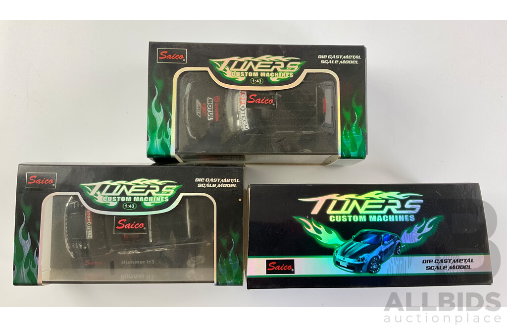 Three Boxed Diecast Saico Tuners Custom Machines Including Range Rover Sport, Hummer H3 - 1:43 Scale