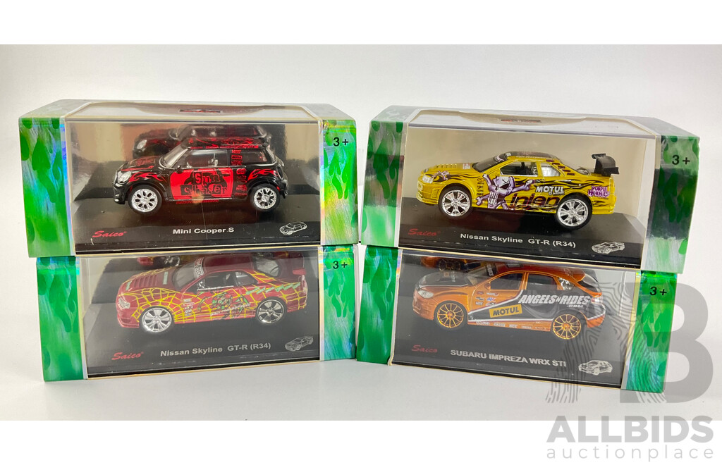 Four Boxed Diecast Saico Tuners Custom Machines Including Nissan Skyline GTR R34, Subaru Impreza WRX STI, Mini Cooper S - 1:43 Scale