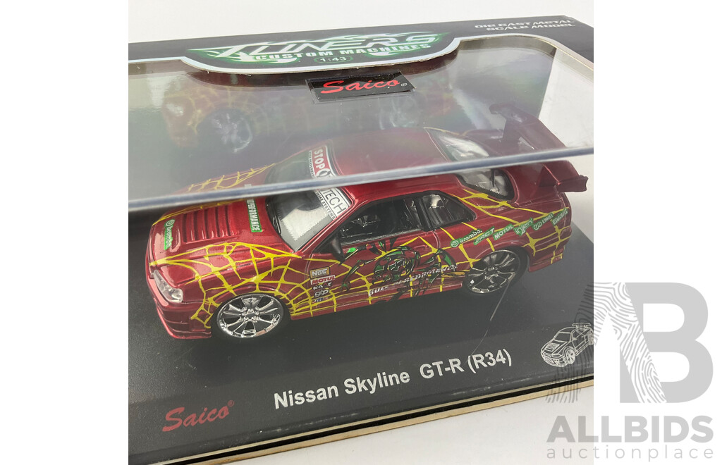 Four Boxed Diecast Saico Tuners Custom Machines Including Nissan Skyline GTR R34, Subaru Impreza WRX STI, Mini Cooper S - 1:43 Scale