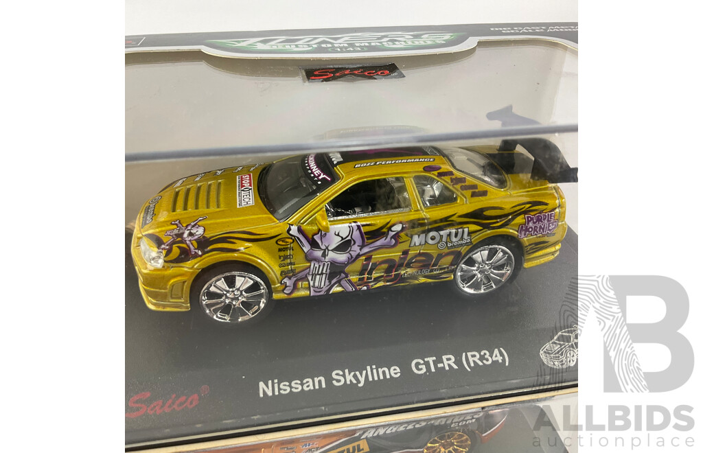 Four Boxed Diecast Saico Tuners Custom Machines Including Nissan Skyline GTR R34, Subaru Impreza WRX STI, Mini Cooper S - 1:43 Scale