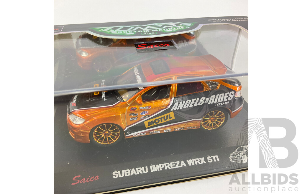 Four Boxed Diecast Saico Tuners Custom Machines Including Nissan Skyline GTR R34, Subaru Impreza WRX STI, Mini Cooper S - 1:43 Scale