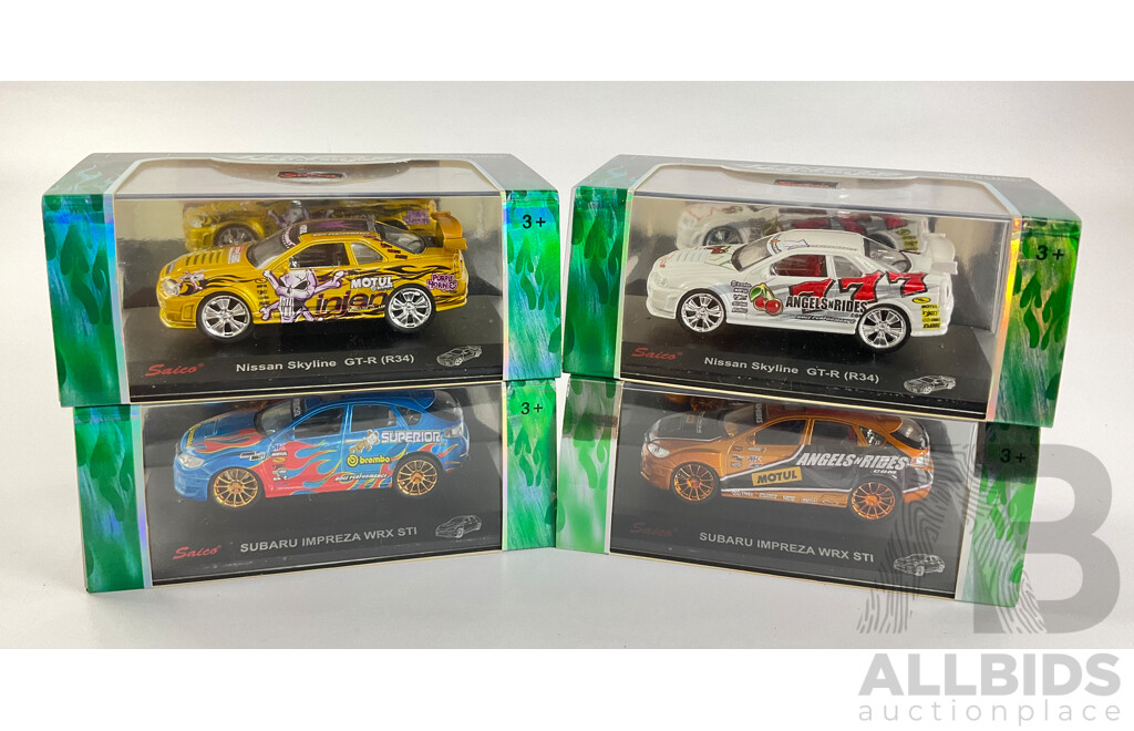 Four Boxed Diecast Saico Tuners Custom Machines Including Nissan Skyline GTR R34 and Subaru Impreza WRX STI - 1:43 Scale