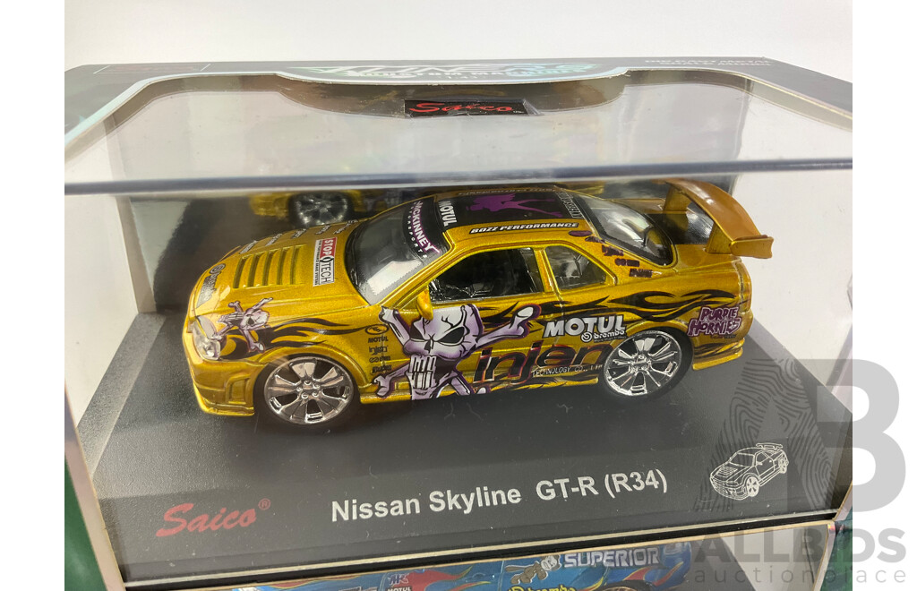 Four Boxed Diecast Saico Tuners Custom Machines Including Nissan Skyline GTR R34 and Subaru Impreza WRX STI - 1:43 Scale