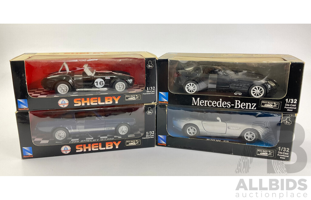 Four Boxed Diecast Newray Performance Vehicles Including 1966 Shelby Cobra 427 S/C, 1966 Shelby GT350, Mercedes Benz SLR Mclaren, BMW M8 - 1:32 Scale