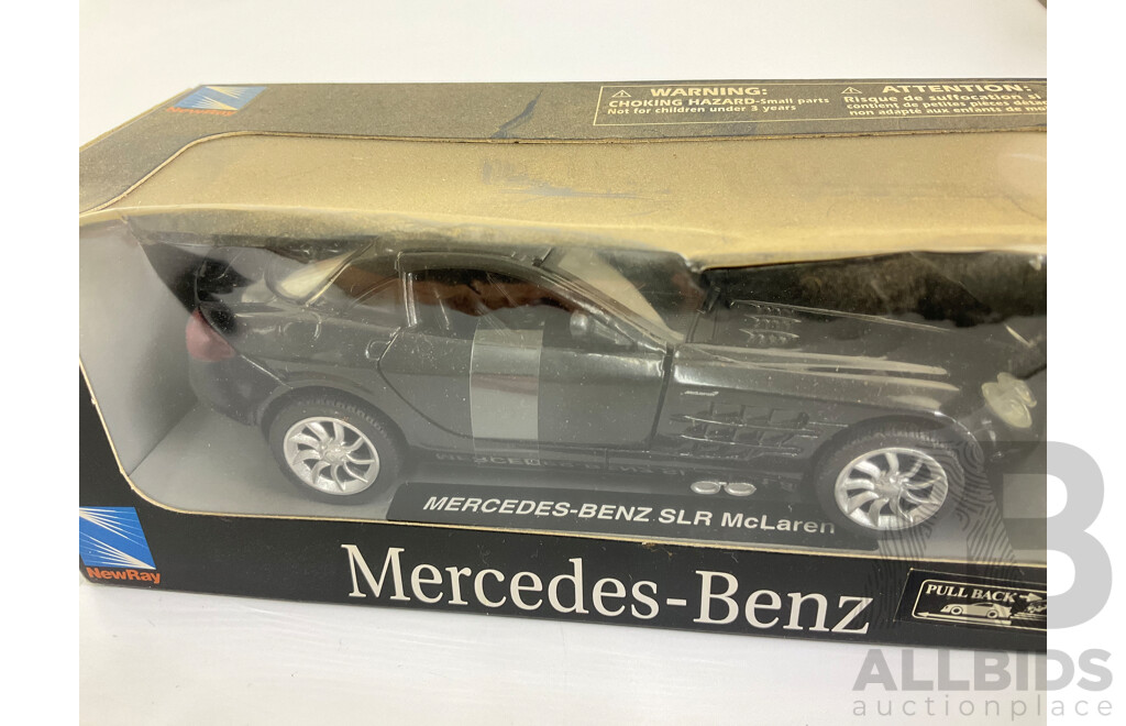 Four Boxed Diecast Newray Performance Vehicles Including 1966 Shelby Cobra 427 S/C, 1966 Shelby GT350, Mercedes Benz SLR Mclaren, BMW M8 - 1:32 Scale