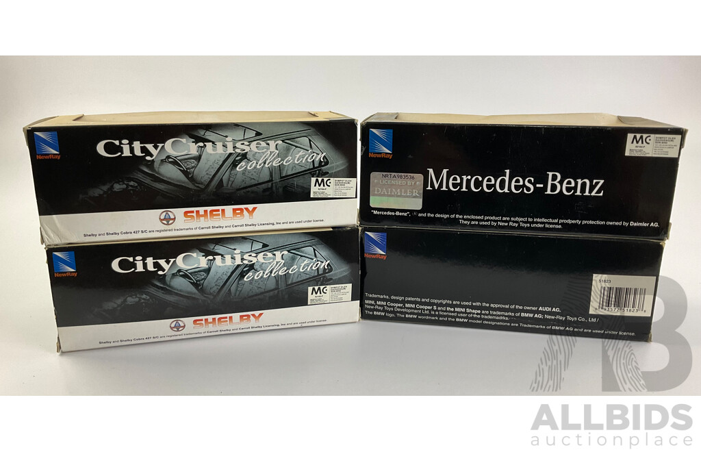 Four Boxed Diecast Newray Performance Vehicles Including 1966 Shelby Cobra 427 S/C, 1966 Shelby GT350, Mercedes Benz SLR Mclaren, BMW M8 - 1:32 Scale