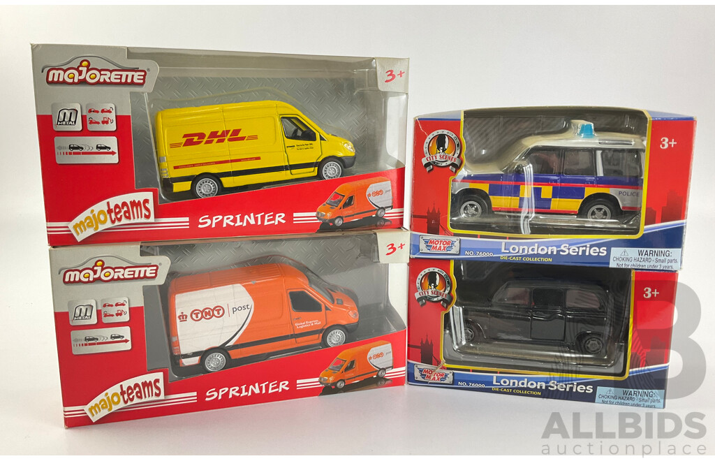 Boxed Diecast Majorette Sprinters, DHL and TNT with Motor Max London Series Police Range Rover and Taxi Cab