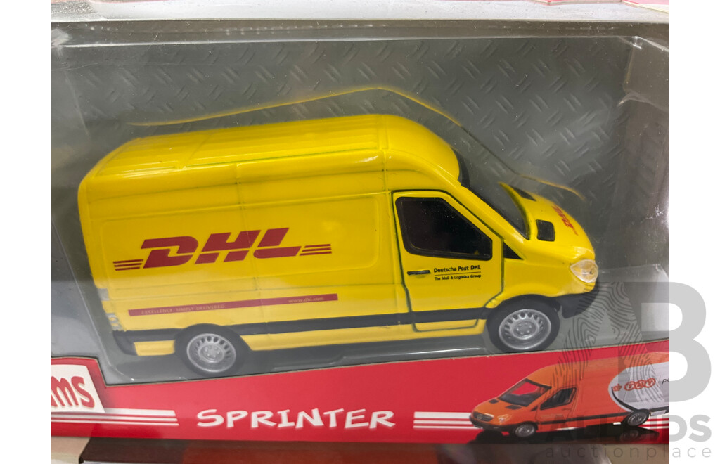 Boxed Diecast Majorette Sprinters, DHL and TNT with Motor Max London Series Police Range Rover and Taxi Cab