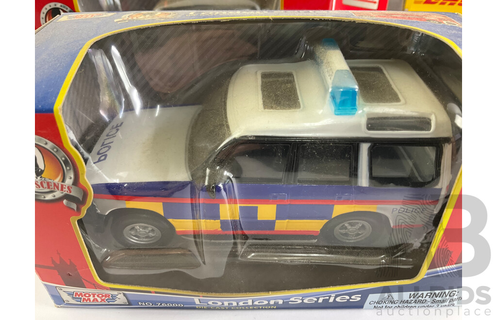 Boxed Diecast Majorette Sprinters, DHL and TNT with Motor Max London Series Police Range Rover and Taxi Cab