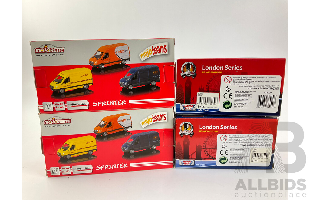 Boxed Diecast Majorette Sprinters, DHL and TNT with Motor Max London Series Police Range Rover and Taxi Cab