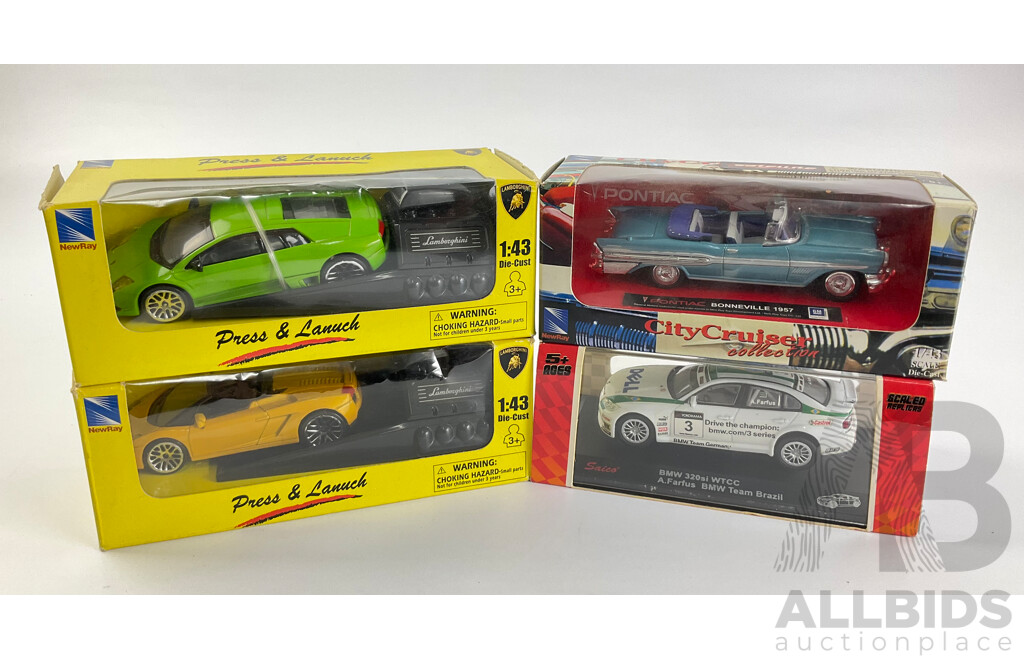Boxed Diecast Newray City Cruisers 1957 Pontiac Bonneville, Two Press and Launch Lamborghinis, Saico BMW 320SI WTCC - 1:43 Scale
