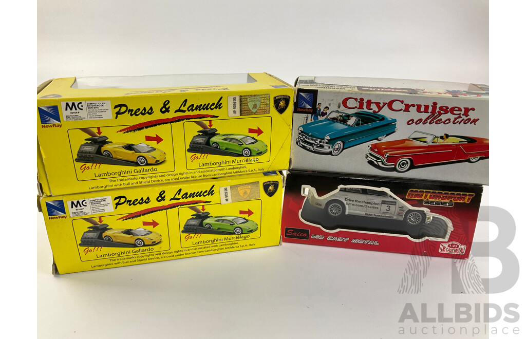 Boxed Diecast Newray City Cruisers 1957 Pontiac Bonneville, Two Press and Launch Lamborghinis, Saico BMW 320SI WTCC - 1:43 Scale