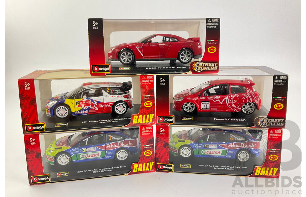 Five Boxed Diecast Burago Street Tuners and Rally Including 2009 Nissan GT-R 2009 BP Ford Rally, Renault Clio Sport, 2011 Citroen Rally - 1:32 Scale