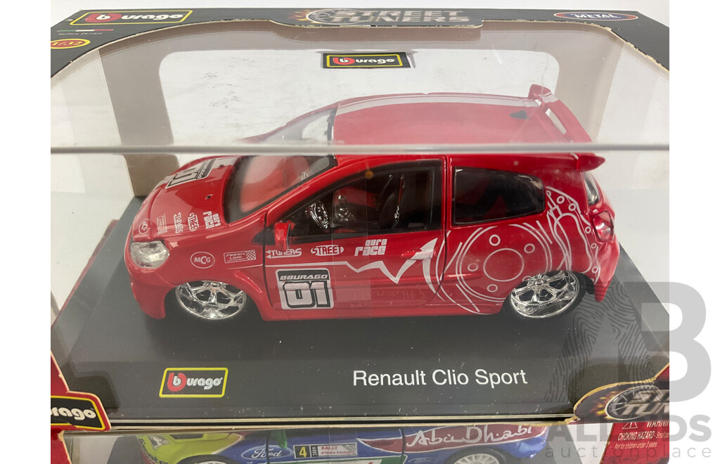 Five Boxed Diecast Burago Street Tuners and Rally Including 2009 Nissan GT-R 2009 BP Ford Rally, Renault Clio Sport, 2011 Citroen Rally - 1:32 Scale