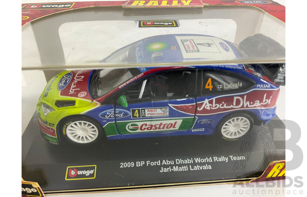 Five Boxed Diecast Burago Street Tuners and Rally Including 2009 Nissan GT-R 2009 BP Ford Rally, Renault Clio Sport, 2011 Citroen Rally - 1:32 Scale