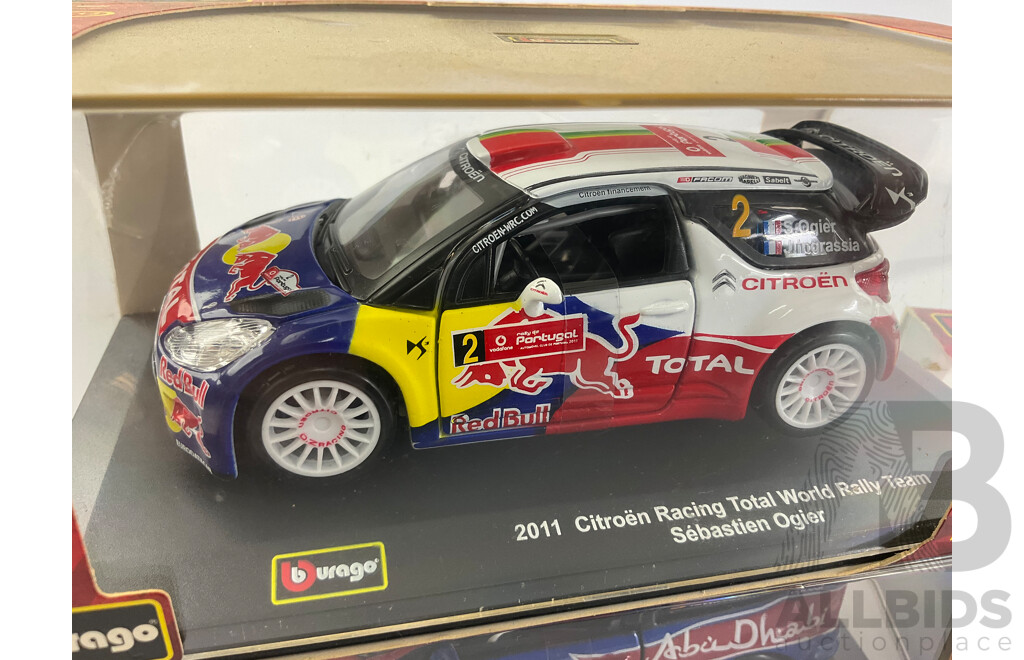 Five Boxed Diecast Burago Street Tuners and Rally Including 2009 Nissan GT-R 2009 BP Ford Rally, Renault Clio Sport, 2011 Citroen Rally - 1:32 Scale