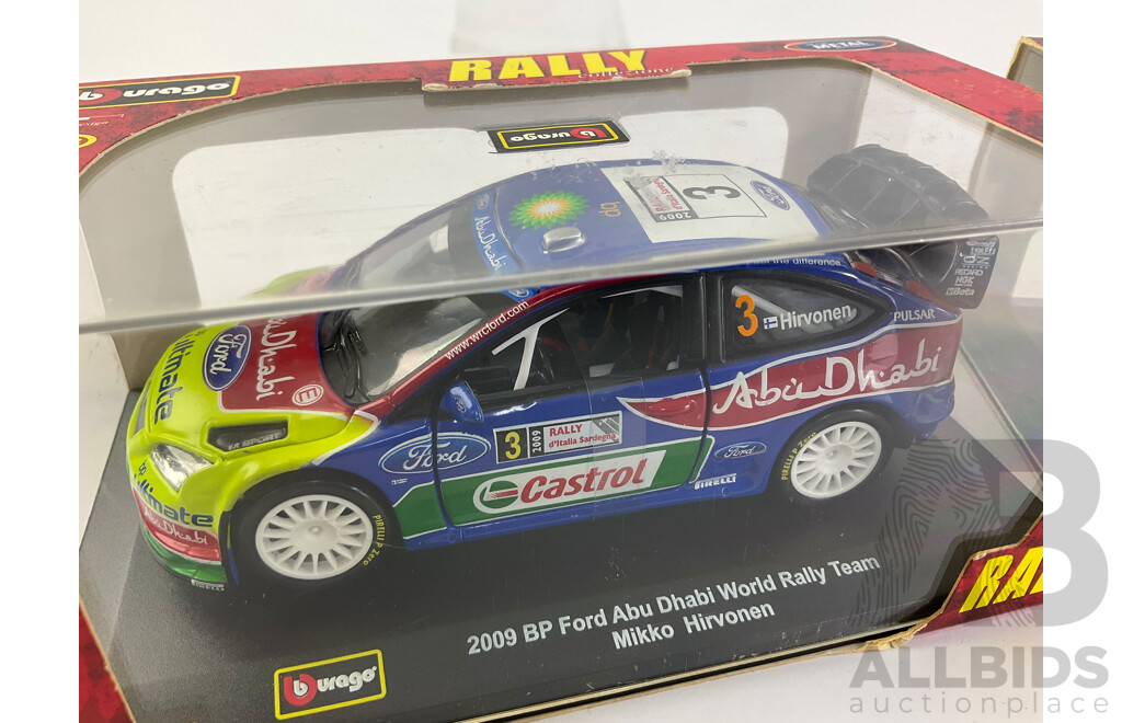 Five Boxed Diecast Burago Street Tuners and Rally Including 2009 Nissan GT-R 2009 BP Ford Rally, Renault Clio Sport, 2011 Citroen Rally - 1:32 Scale