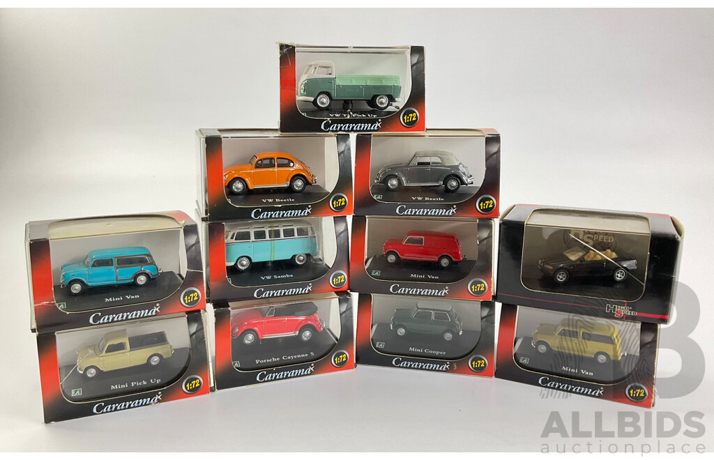 Ten Boxed Diecast Cararama Vehicles Including VW Beetle, VW Pick Up, Mini Cooper, Mini Van, Mini Pick Up, Porsche Cayenne S, High Speed BMW - 1:72 Scale