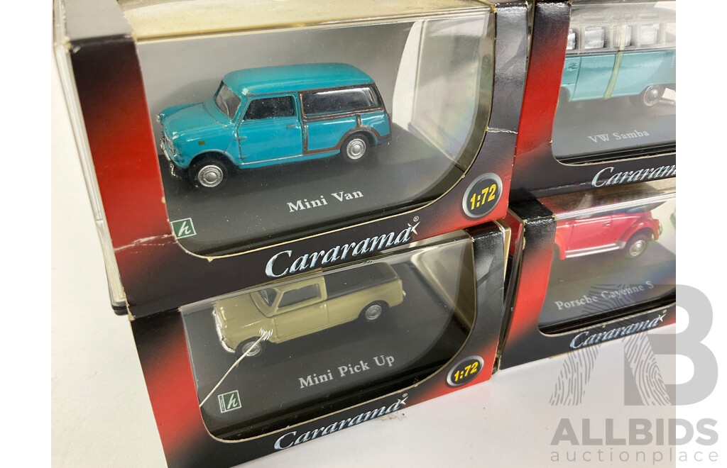 Ten Boxed Diecast Cararama Vehicles Including VW Beetle, VW Pick Up, Mini Cooper, Mini Van, Mini Pick Up, Porsche Cayenne S, High Speed BMW - 1:72 Scale