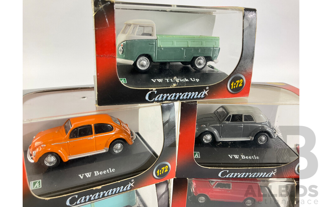 Ten Boxed Diecast Cararama Vehicles Including VW Beetle, VW Pick Up, Mini Cooper, Mini Van, Mini Pick Up, Porsche Cayenne S, High Speed BMW - 1:72 Scale