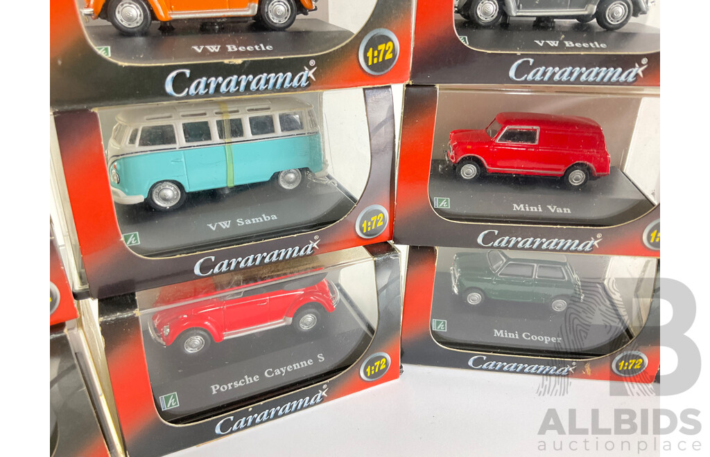 Ten Boxed Diecast Cararama Vehicles Including VW Beetle, VW Pick Up, Mini Cooper, Mini Van, Mini Pick Up, Porsche Cayenne S, High Speed BMW - 1:72 Scale