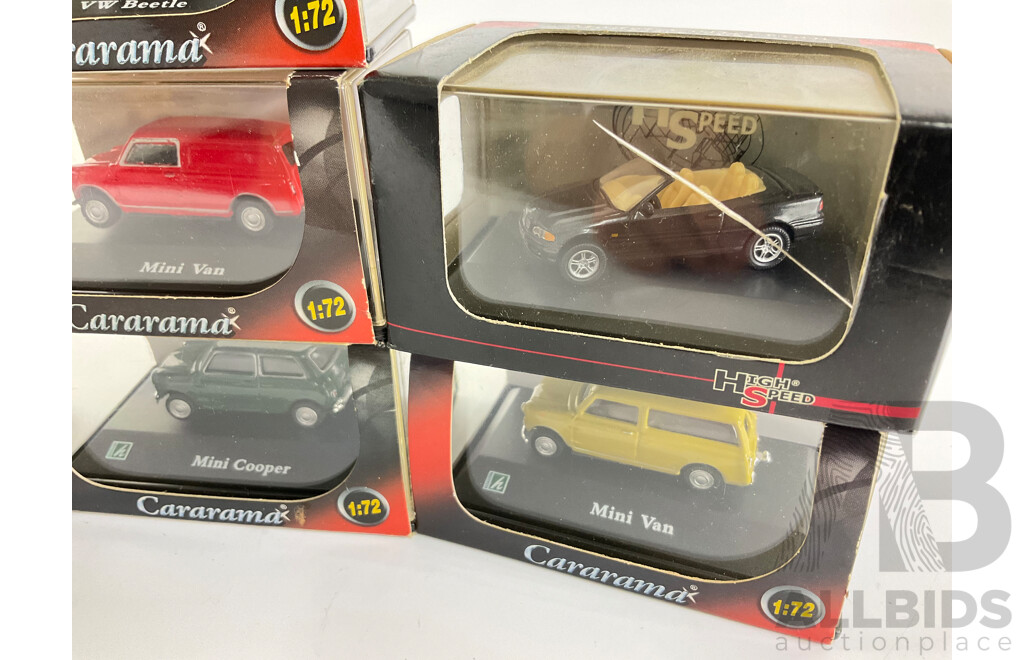 Ten Boxed Diecast Cararama Vehicles Including VW Beetle, VW Pick Up, Mini Cooper, Mini Van, Mini Pick Up, Porsche Cayenne S, High Speed BMW - 1:72 Scale