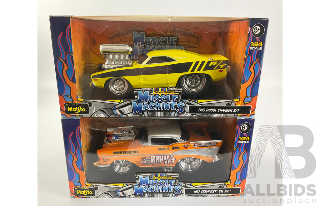 Maisto Diecast Muscle Machines 1969 Dodge Charger R/T and 1957 Chevrolet Bel Air - 1:24 Scale