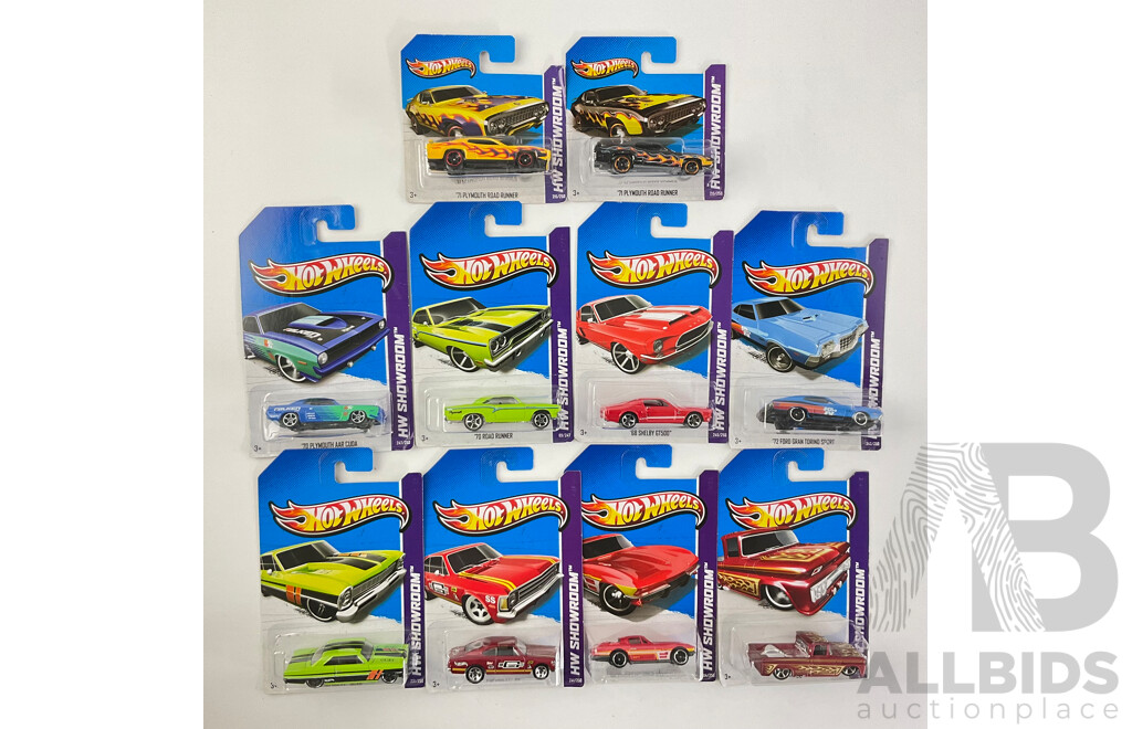 Ten Boxed Hot Wheels HW Showroom Vehicles Including Chevrolet SS, 1970 Plymouth, 1970 Road Runner